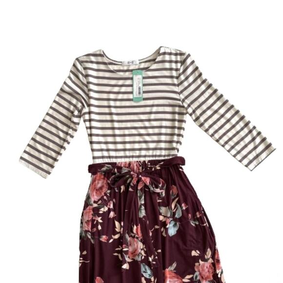 Lux & Co Bernice 2fer Knit Burgundy Tan Stripe Floral Pockets Maxi Dress XS NEW - Picture 9 of 13
